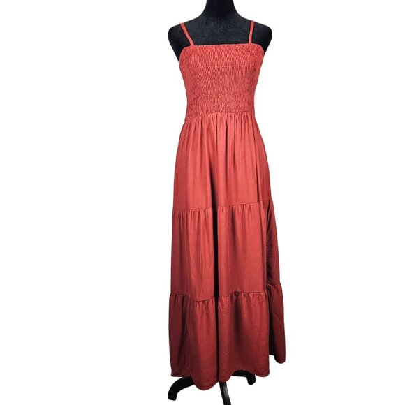 Womens Boho Smocked Sleeveless Tiered Maxi Dress Rust Size S Casual Summer - Picture 2 of 10
